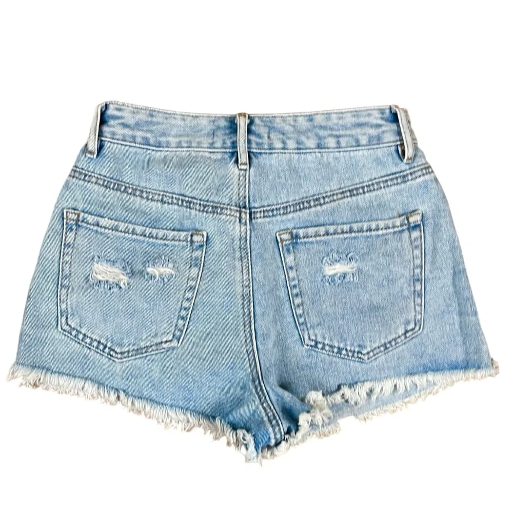 PacSun‎ High Rise Distressed Denim Shorts 25 Festival Grunge Raw Hem Light Wash